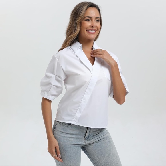 White Puff-Sleeve V-Neck Blouse - Picture 2 of 4